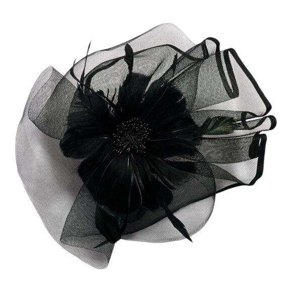 Black Mesh Fascinator Hat with Feather Flower and Headband Clip – Elegant Formal - Picture 1 of 7